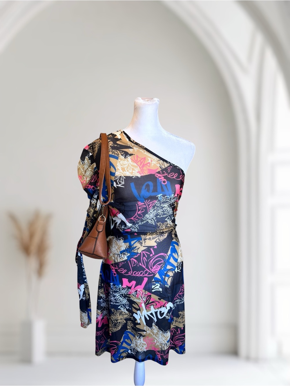 Plus Size 4XL Vibrant Graffiti Print One-Shoulder Mesh Dress